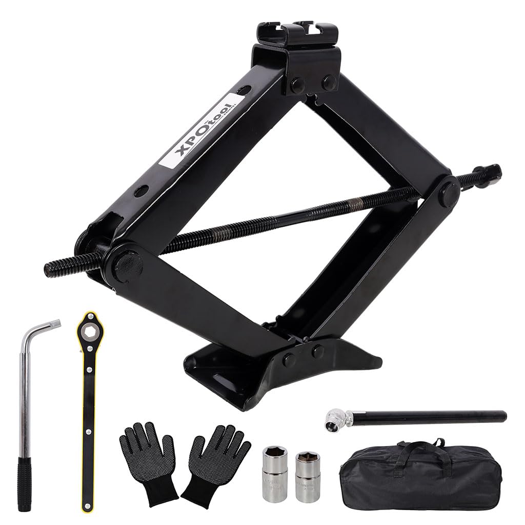 3 Ton Scissor Car Jack, 6614 LBS Heavy Duty Tire Changing Kit with Lug Wrench, Ratchet Wrench, Sockets, Work Gloves, Tire Pressure Gauge and Storage Bag O701776