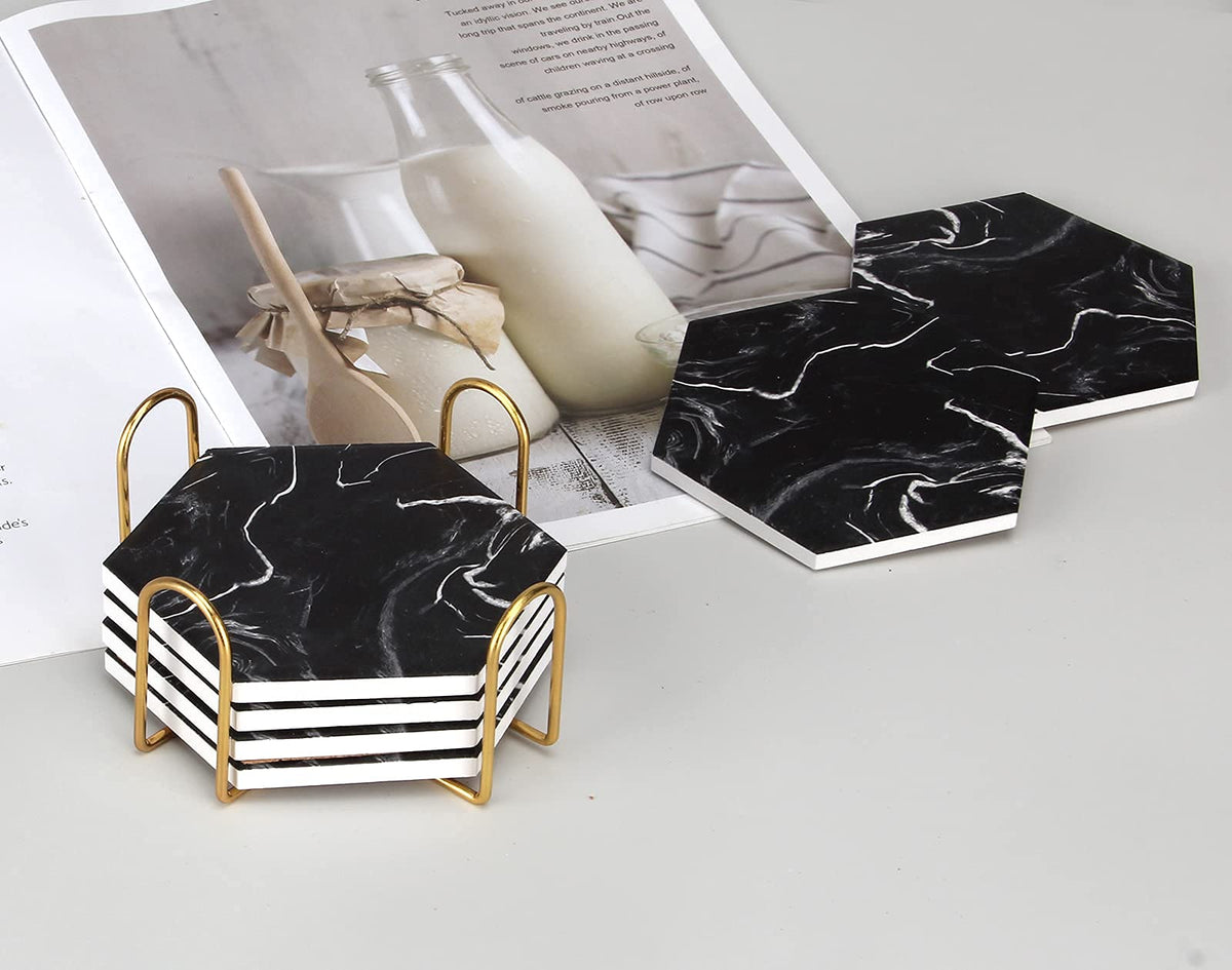 Black Marble Coaster Set with Holder O2756