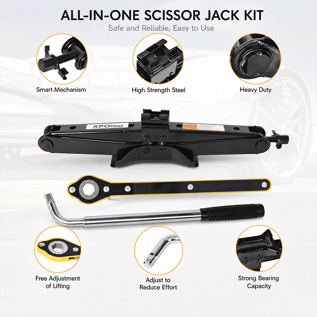 3 Ton Scissor Car Jack, 6614 LBS Heavy Duty Tire Changing Kit with Lug Wrench, Ratchet Wrench, Sockets, Work Gloves, Tire Pressure Gauge and Storage Bag O701776
