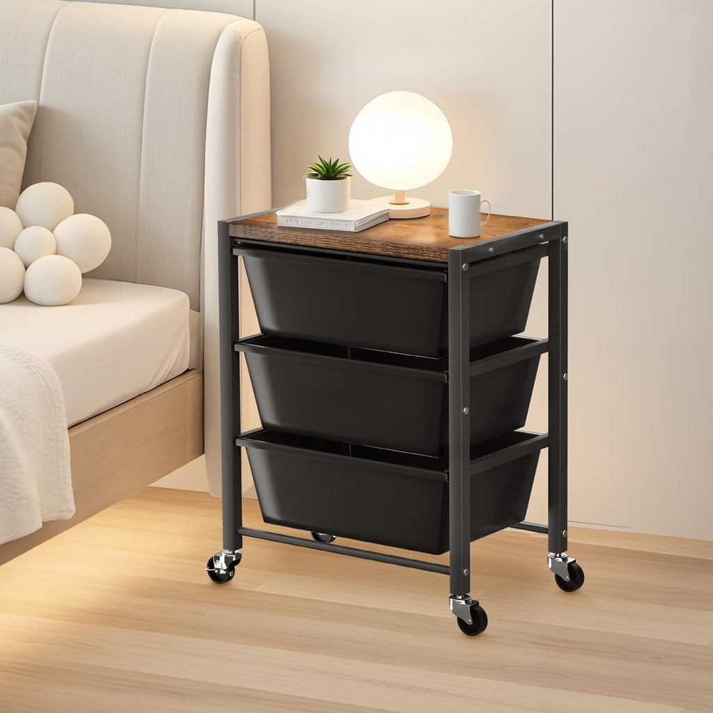 3 Drawer Rolling Cart with Lockable Wheels and Wooden Tabletop X179822