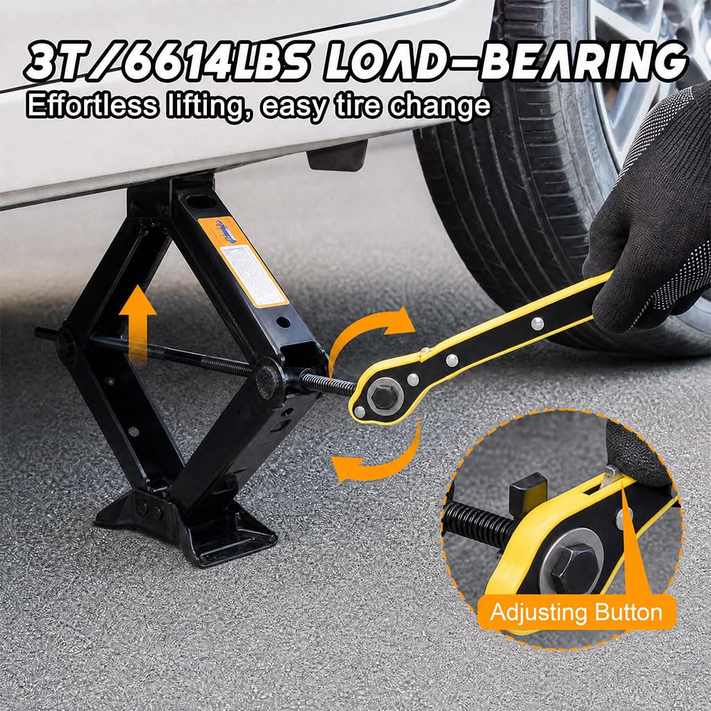 3 Ton Scissor Car Jack, 6614 LBS Heavy Duty Tire Changing Kit with Lug Wrench, Ratchet Wrench, Sockets, Work Gloves, Tire Pressure Gauge and Storage Bag O701776