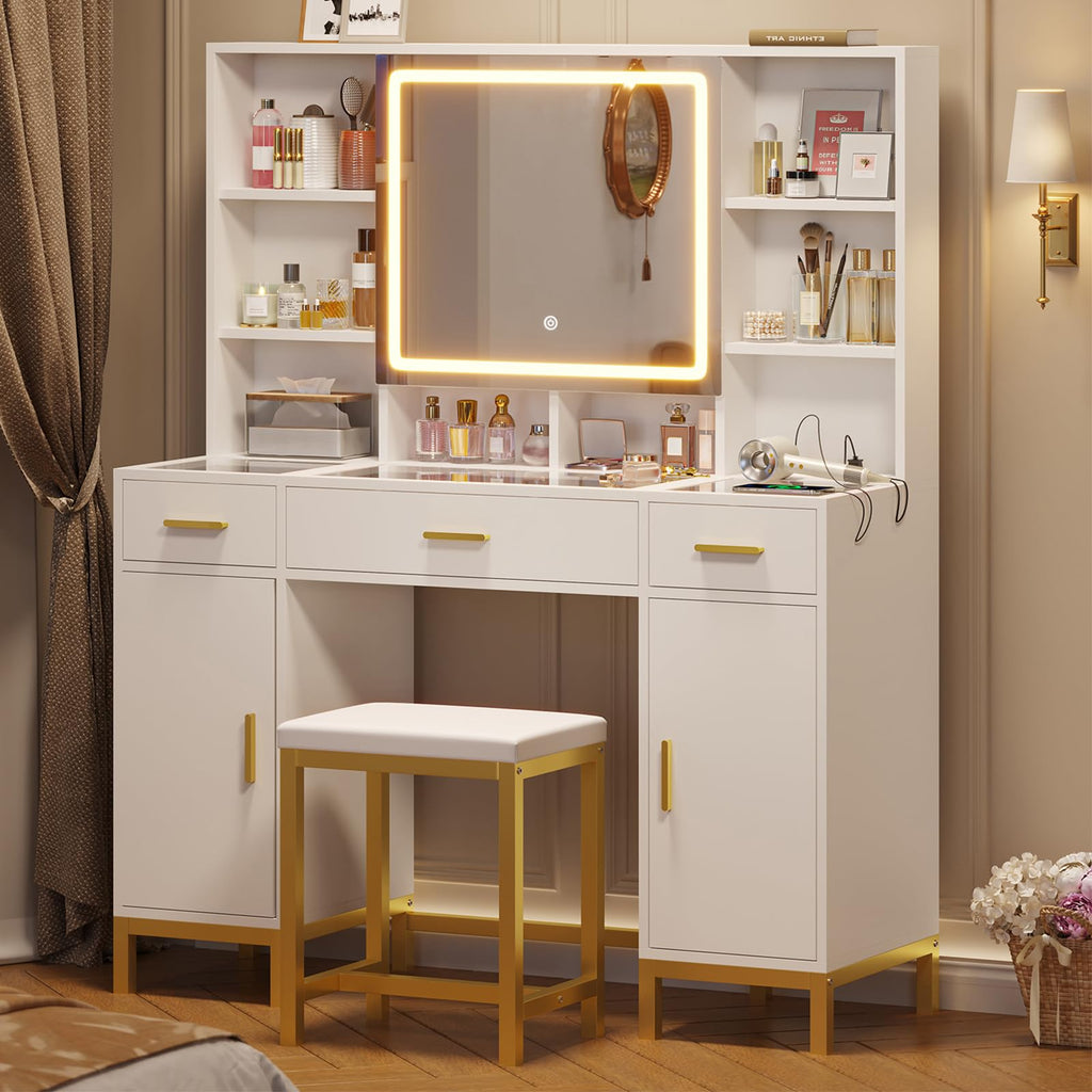 White Vanity Desk with Mirror and Lights I6313