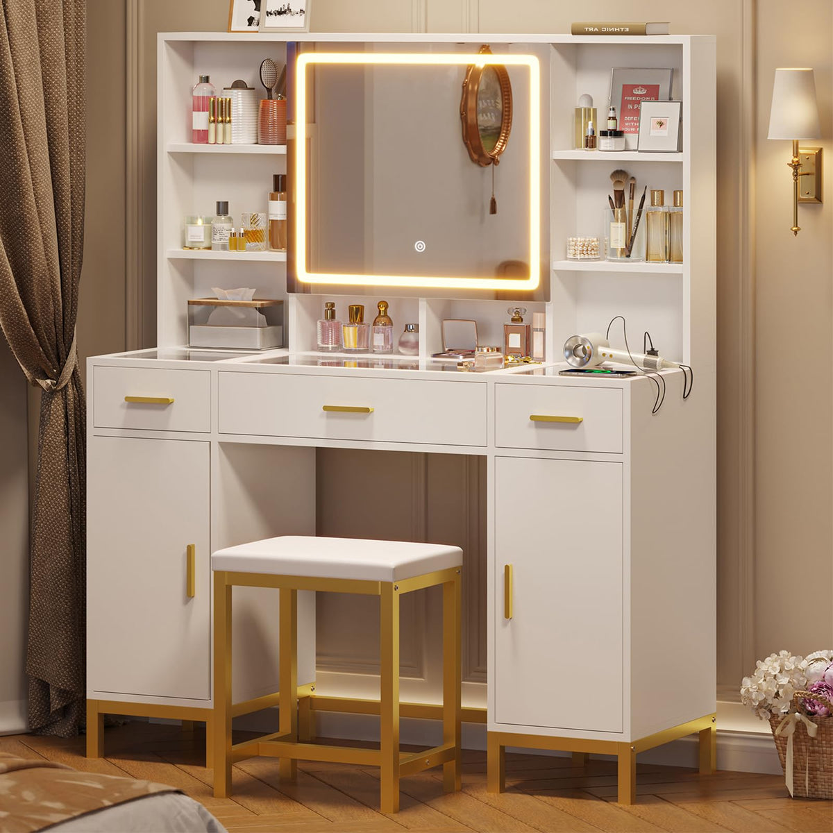 White Vanity Desk with Mirror and Lights I6313