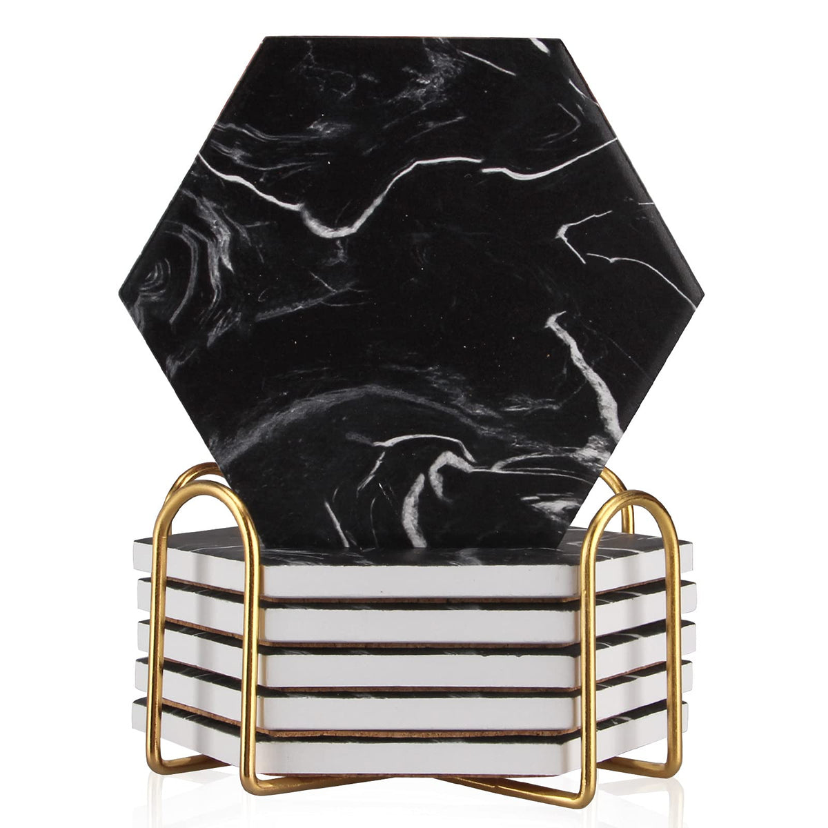 Black Marble Coaster Set with Holder O2756
