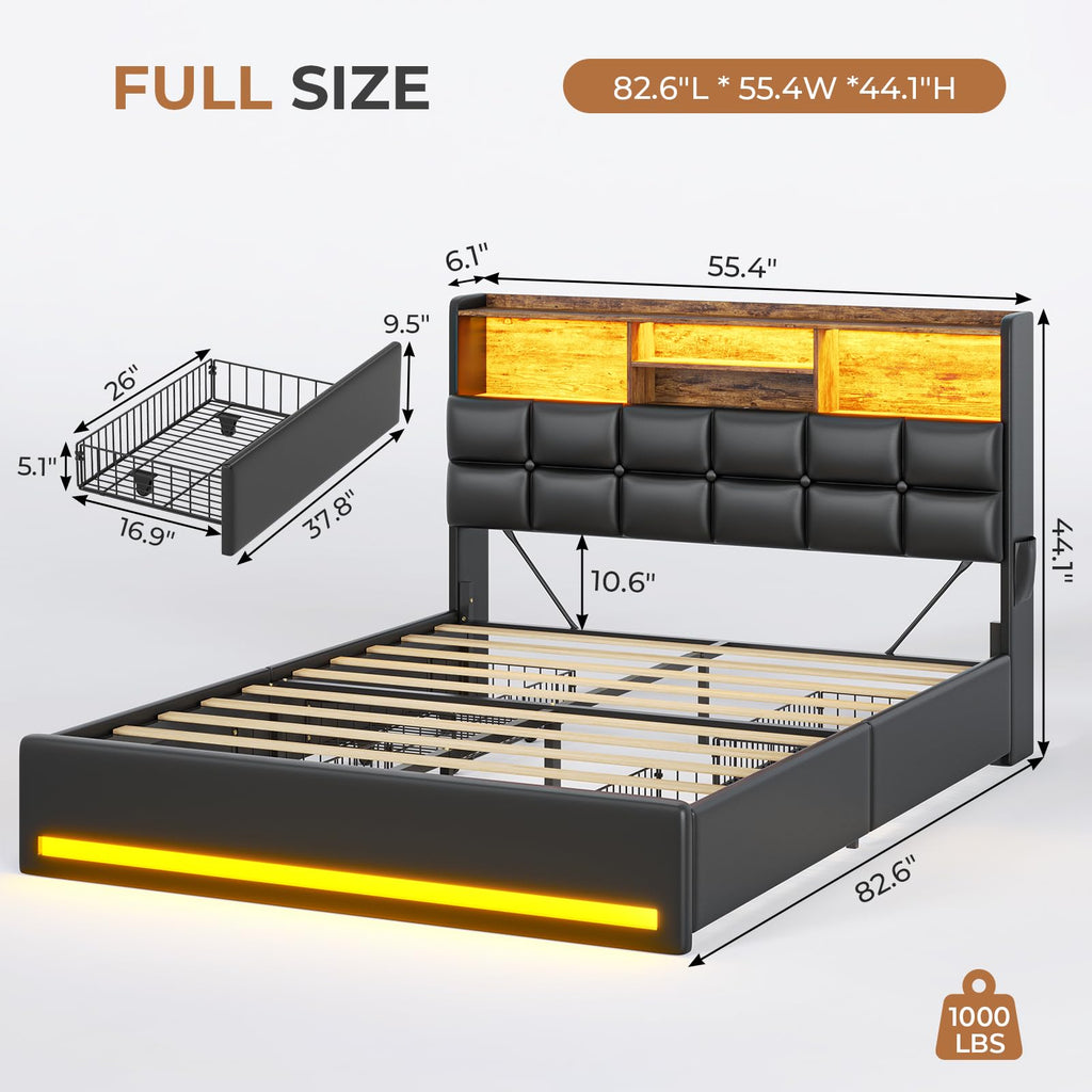 Black Full Size Upholstered Platform Bed Frame with Bookcase Headboard and 4 Drawers W603