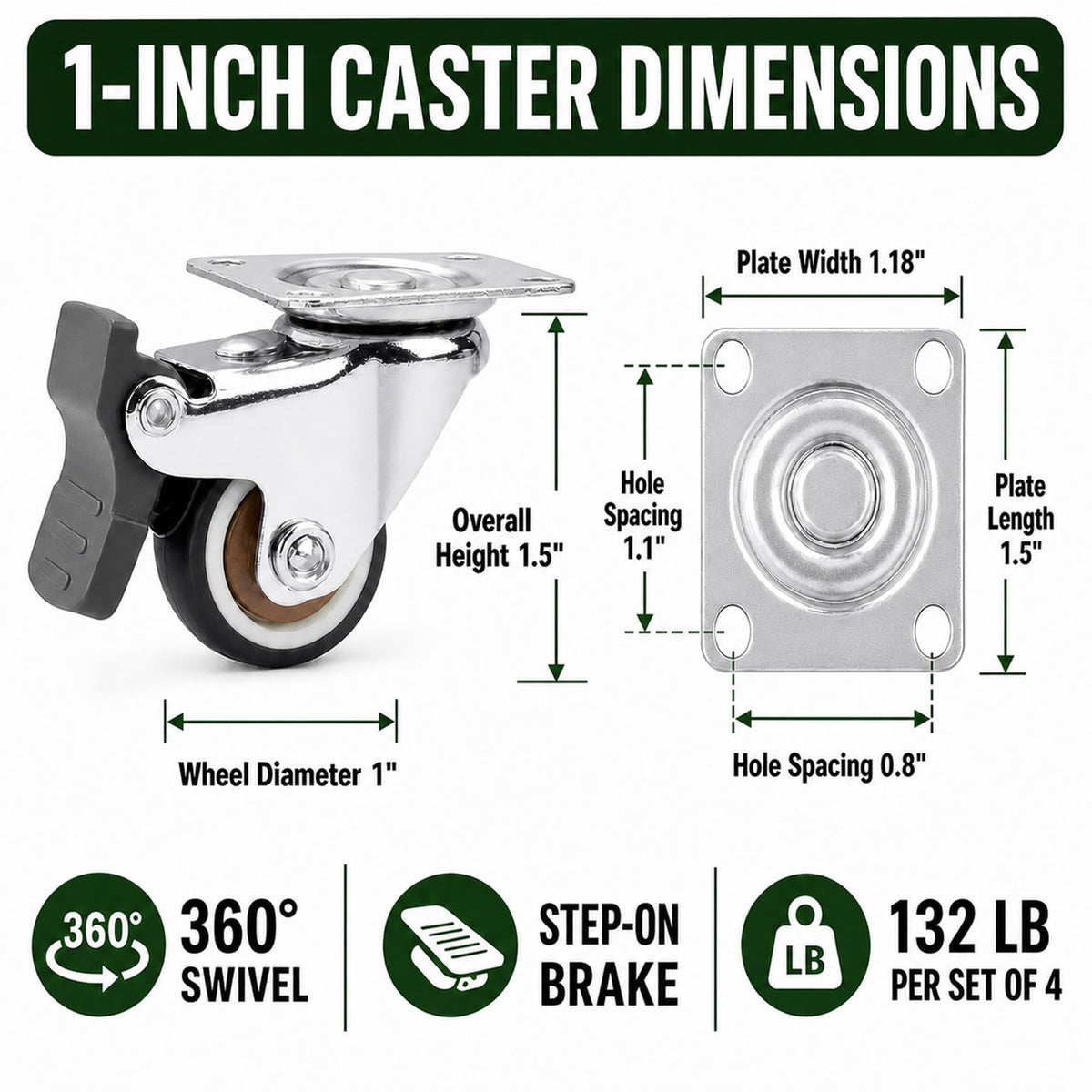 1 Inch Caster Wheels Set of 4 P70124
