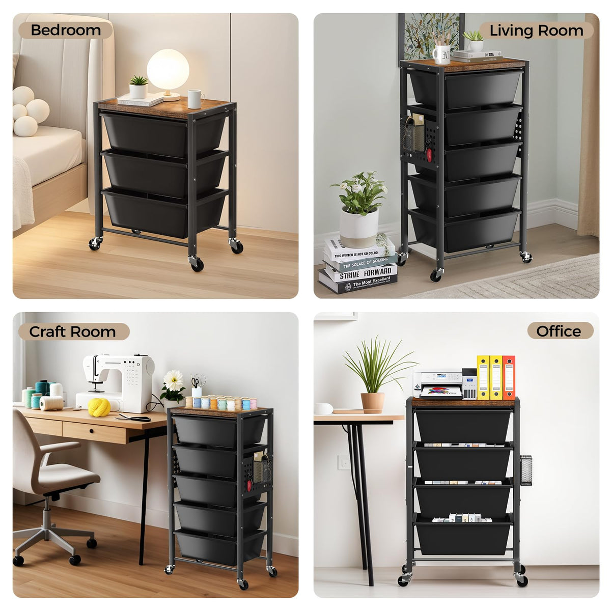 3 Drawer Rolling Cart with Lockable Wheels and Wooden Tabletop X179822