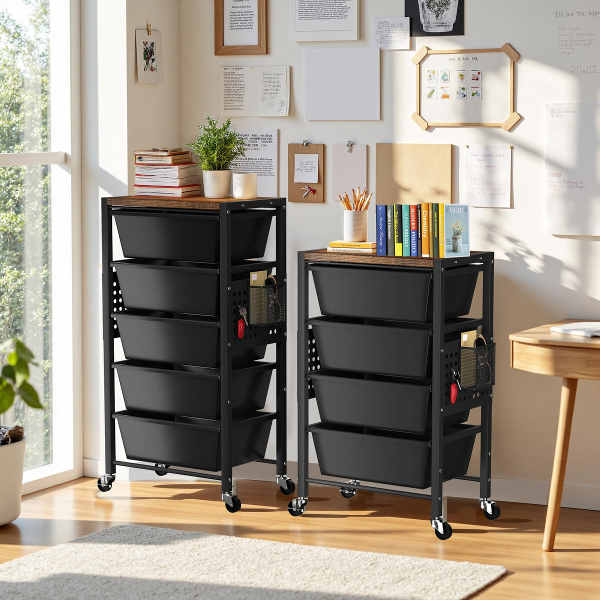 3 Drawer Rolling Cart with Lockable Wheels and Wooden Tabletop X179822
