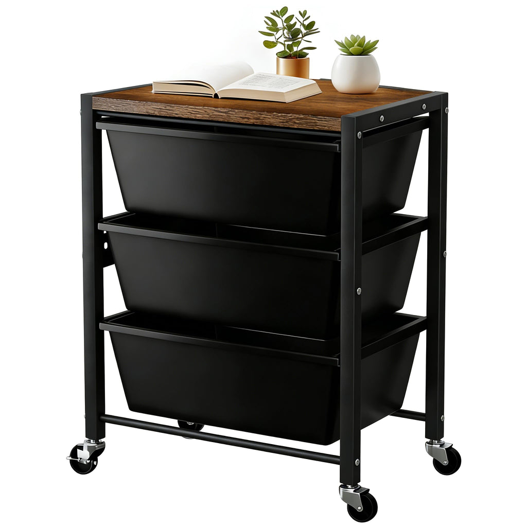 3 Drawer Rolling Cart with Lockable Wheels and Wooden Tabletop X179822