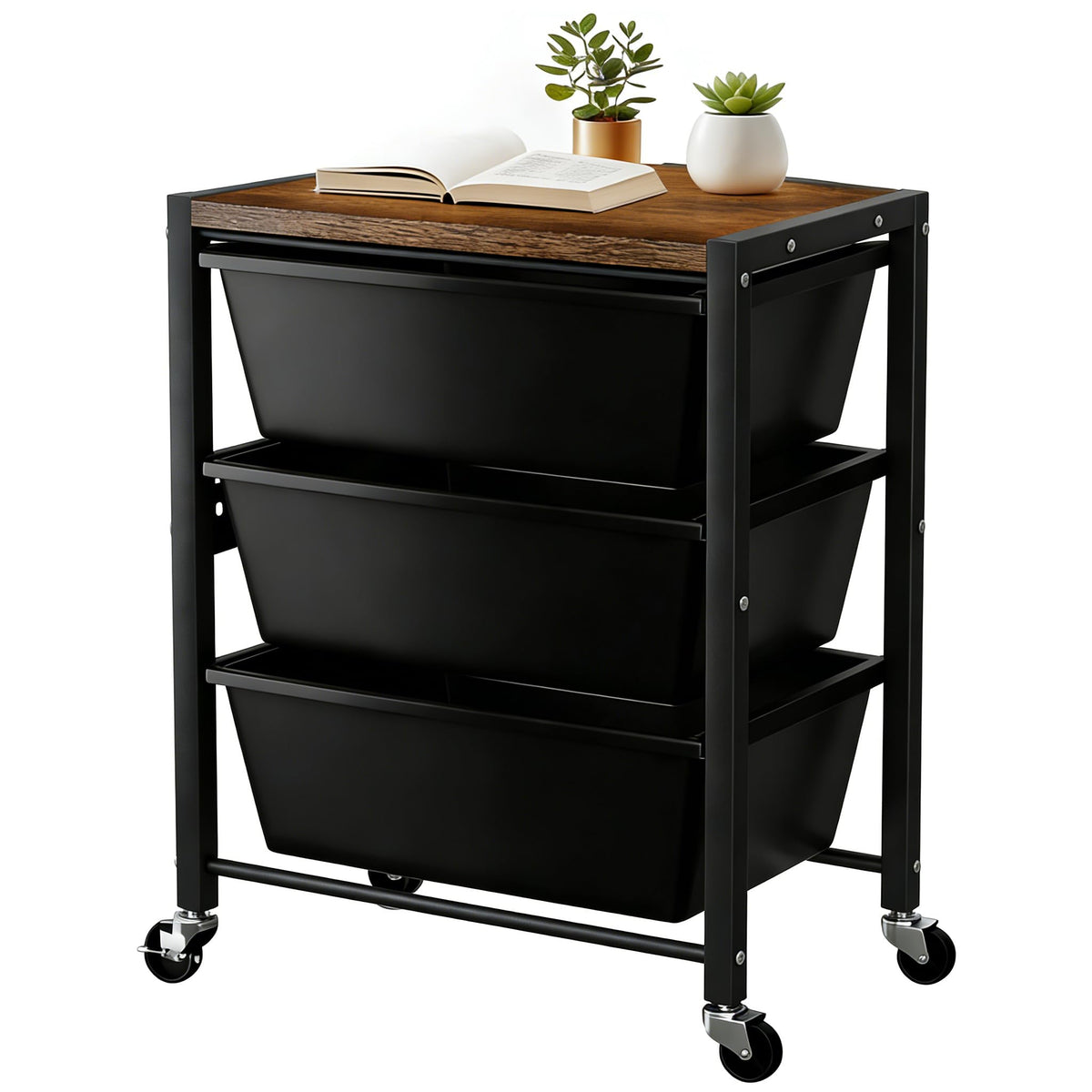 3 Drawer Rolling Cart with Lockable Wheels and Wooden Tabletop X179822
