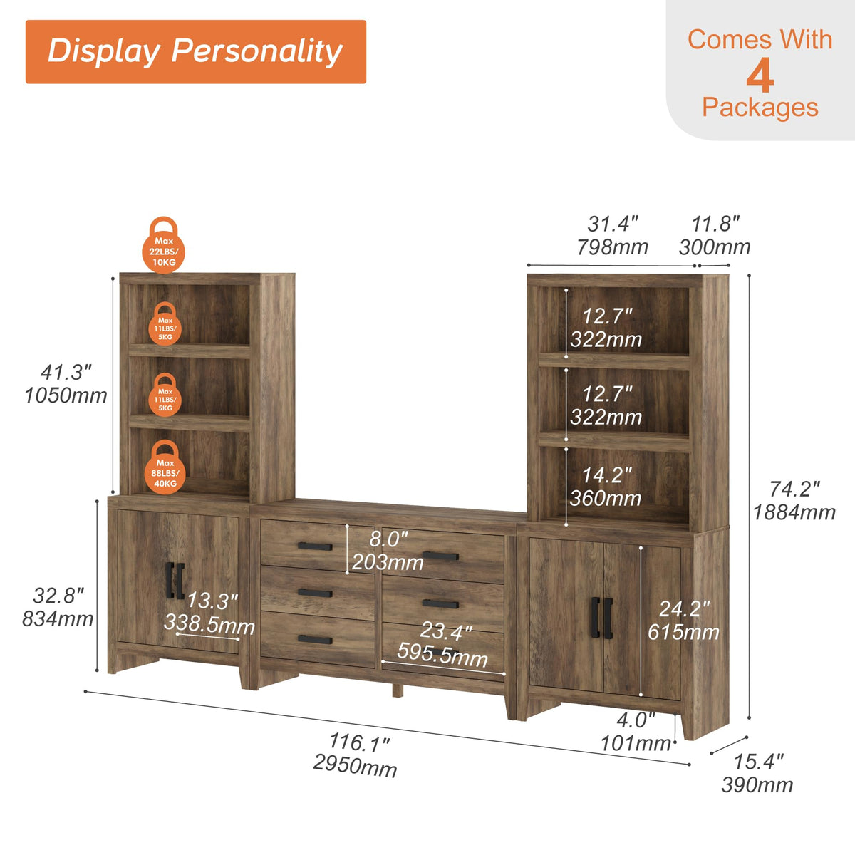4-Piece Modular Entertainment Center with Bookshelves P59928