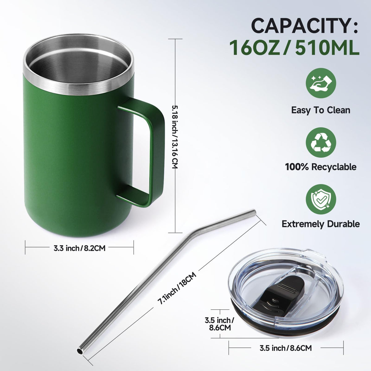 16oz Insulated Stainless Steel Coffee Mug with Lid and Straw I9069