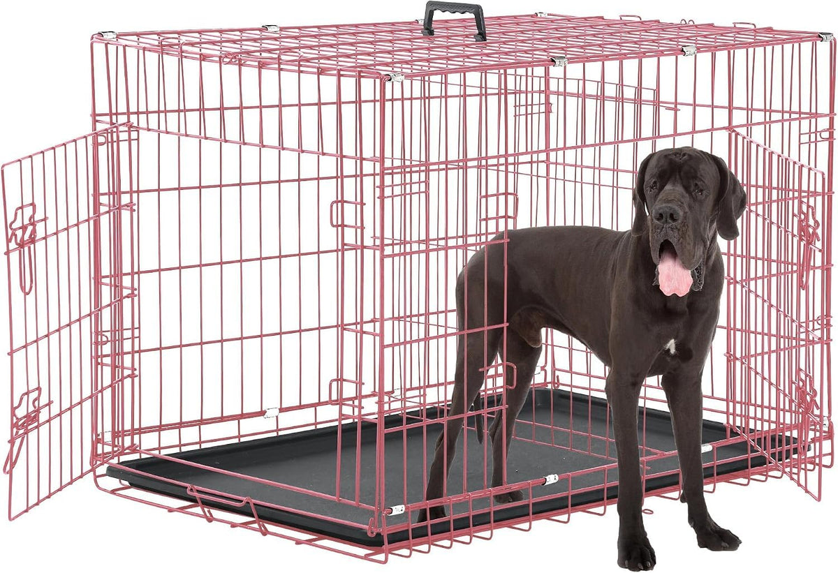 48 Inch Extra Large Foldable Double-Door Dog Crate with Tray B28582
