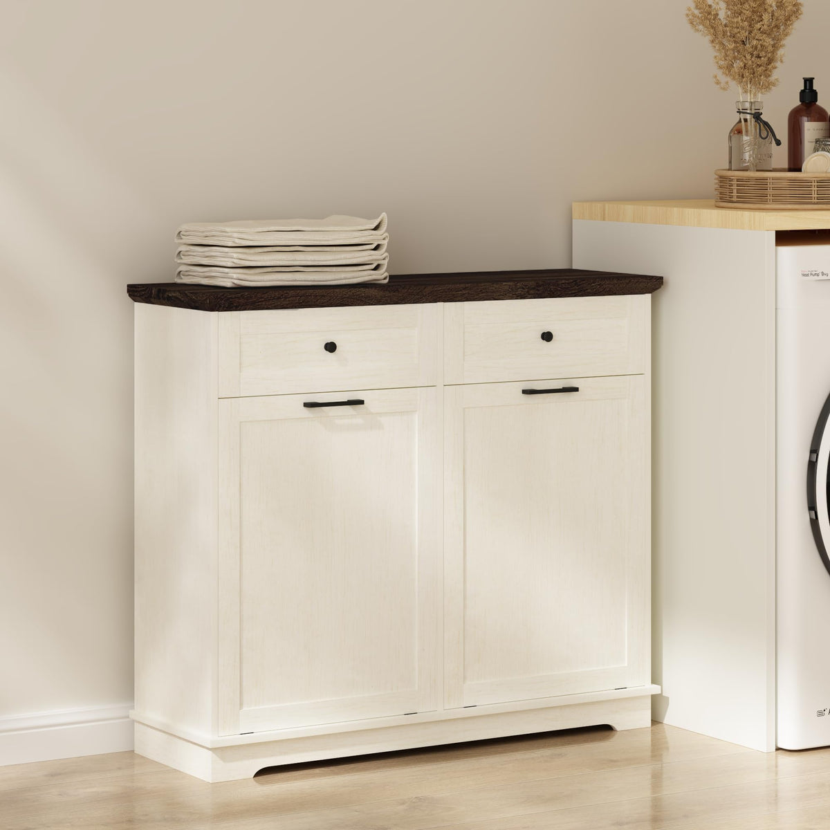 20 Gallon Double Tilt Out Wood Trash Can Cabinet with Drawer M400