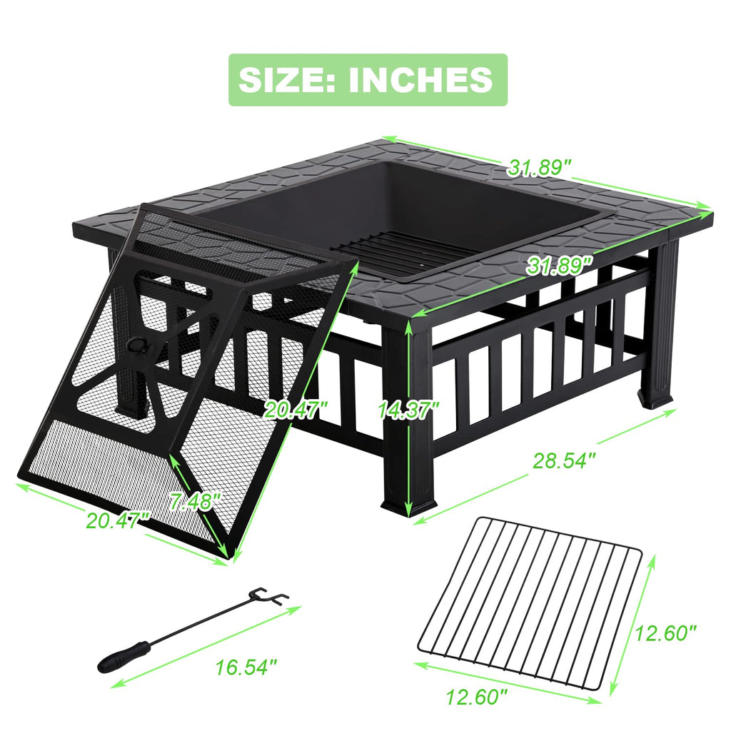 32" Square Wood Burning Fire Pit Table with Spark Screen A781469