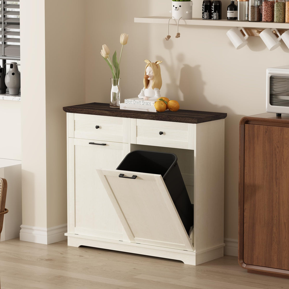 20 Gallon Double Tilt Out Wood Trash Can Cabinet with Drawer M400