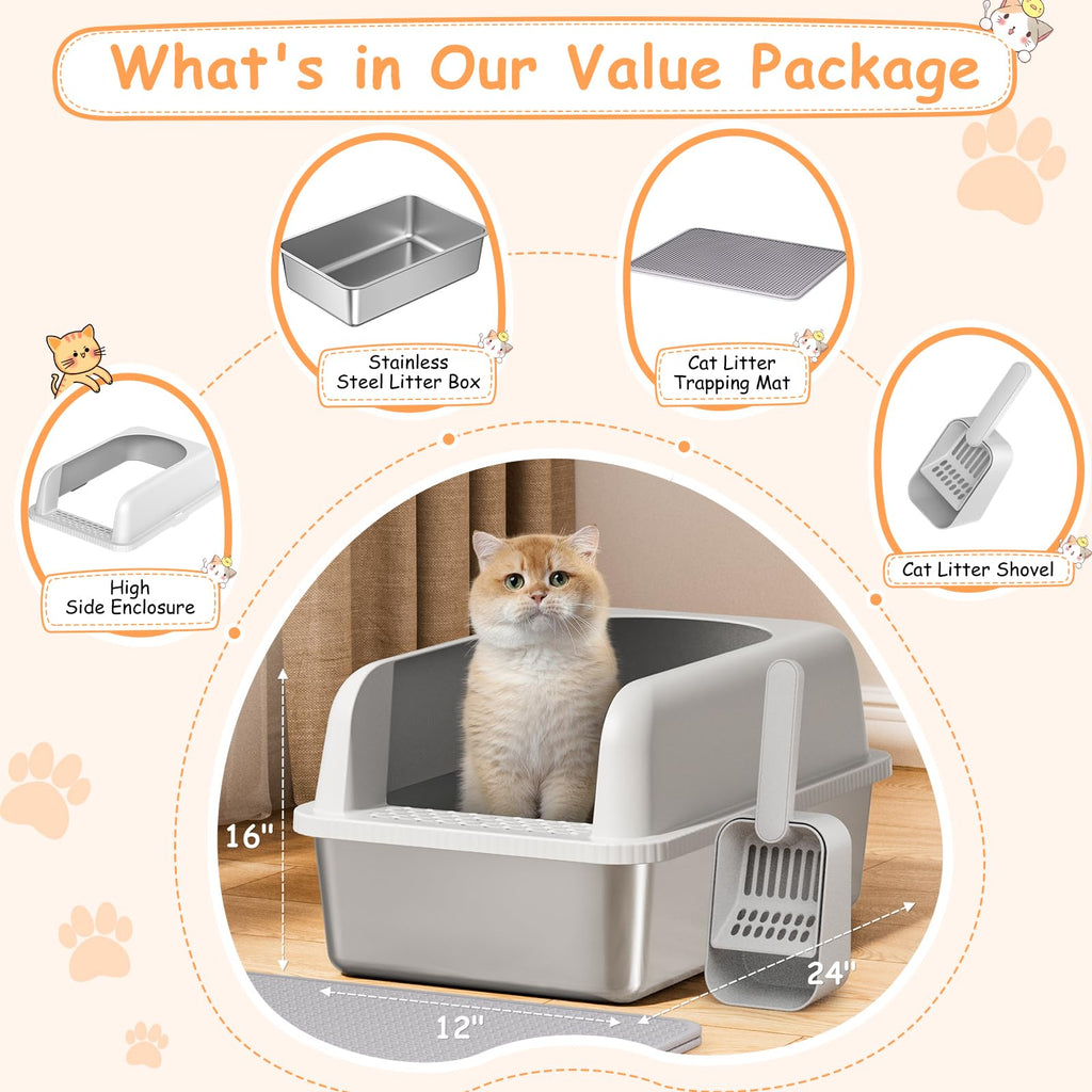 Stainless Steel Extra Large Enclosed Cat Litter Box with Lid and Mat I431