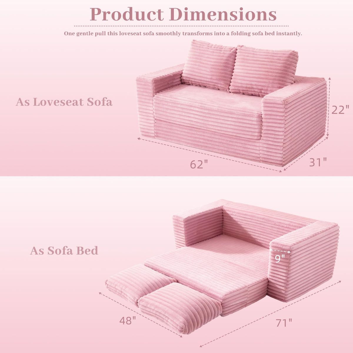 62" Pink Convertible Folding Sofa Bed I52755