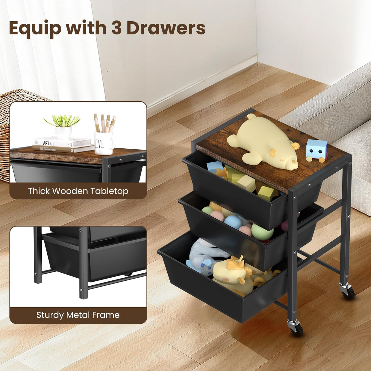 3 Drawer Rolling Cart with Lockable Wheels and Wooden Tabletop X179822