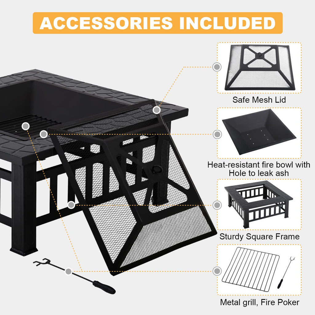 32" Square Wood Burning Fire Pit Table with Spark Screen A781469