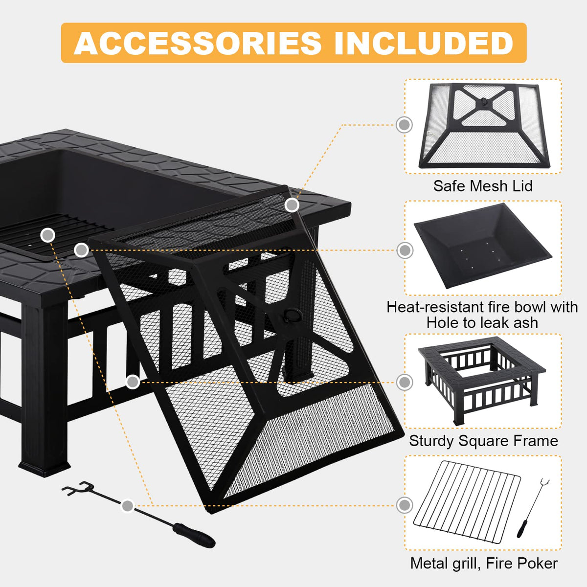 32" Square Wood Burning Fire Pit Table with Spark Screen A781469