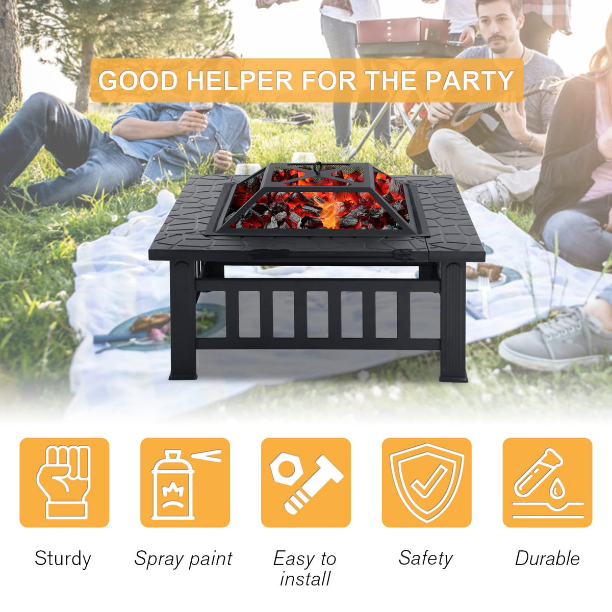 32" Square Wood Burning Fire Pit Table with Spark Screen A781469