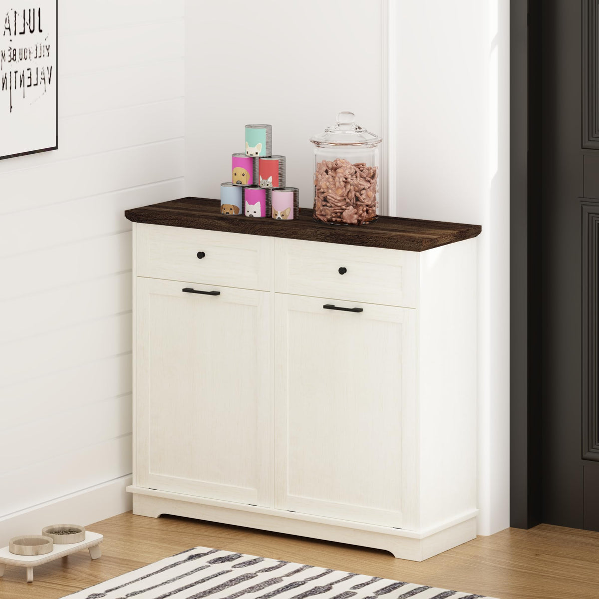 20 Gallon Double Tilt Out Wood Trash Can Cabinet with Drawer M400