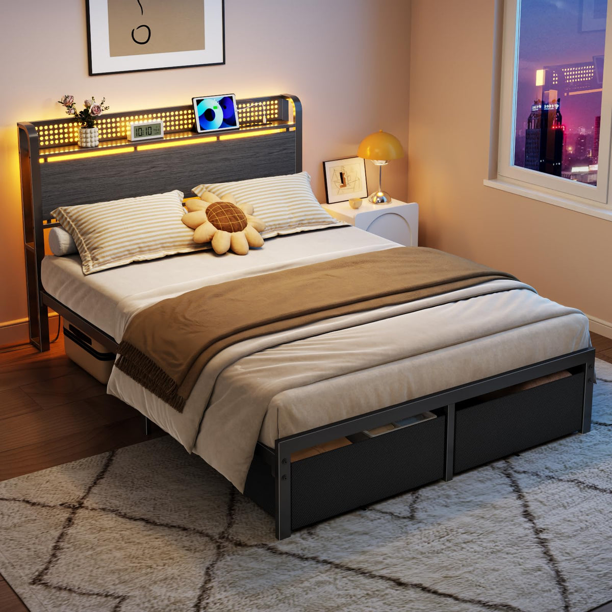 Full Size Bed Frame with Headboard, Charging Station, 2 Storage Drawers K7458