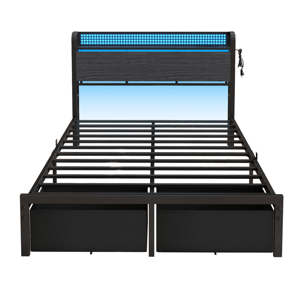 Full Size Bed Frame with Headboard, Charging Station, 2 Storage Drawers K7458