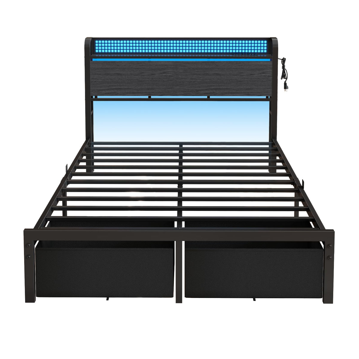 Full Size Bed Frame with Headboard, Charging Station, 2 Storage Drawers K7458