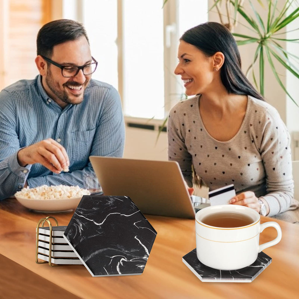Black Marble Coaster Set with Holder O2756