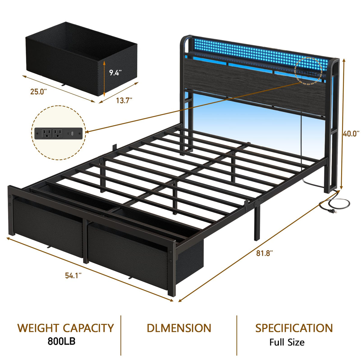 Full Size Bed Frame with Headboard, Charging Station, 2 Storage Drawers K7458
