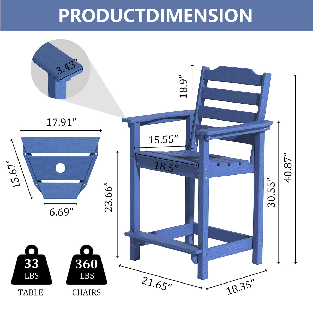 HDPE All-Weather Plastic Adirondack Chair Set of 2 Navy Blue I729754
