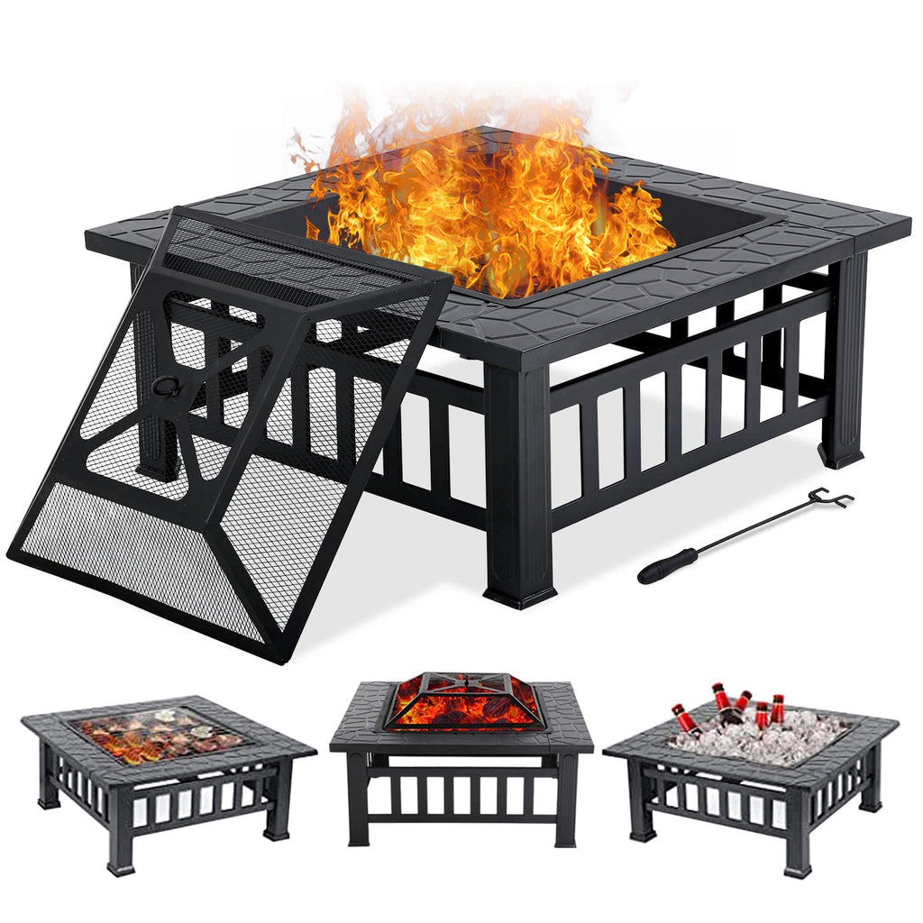 32" Square Wood Burning Fire Pit Table with Spark Screen A781469