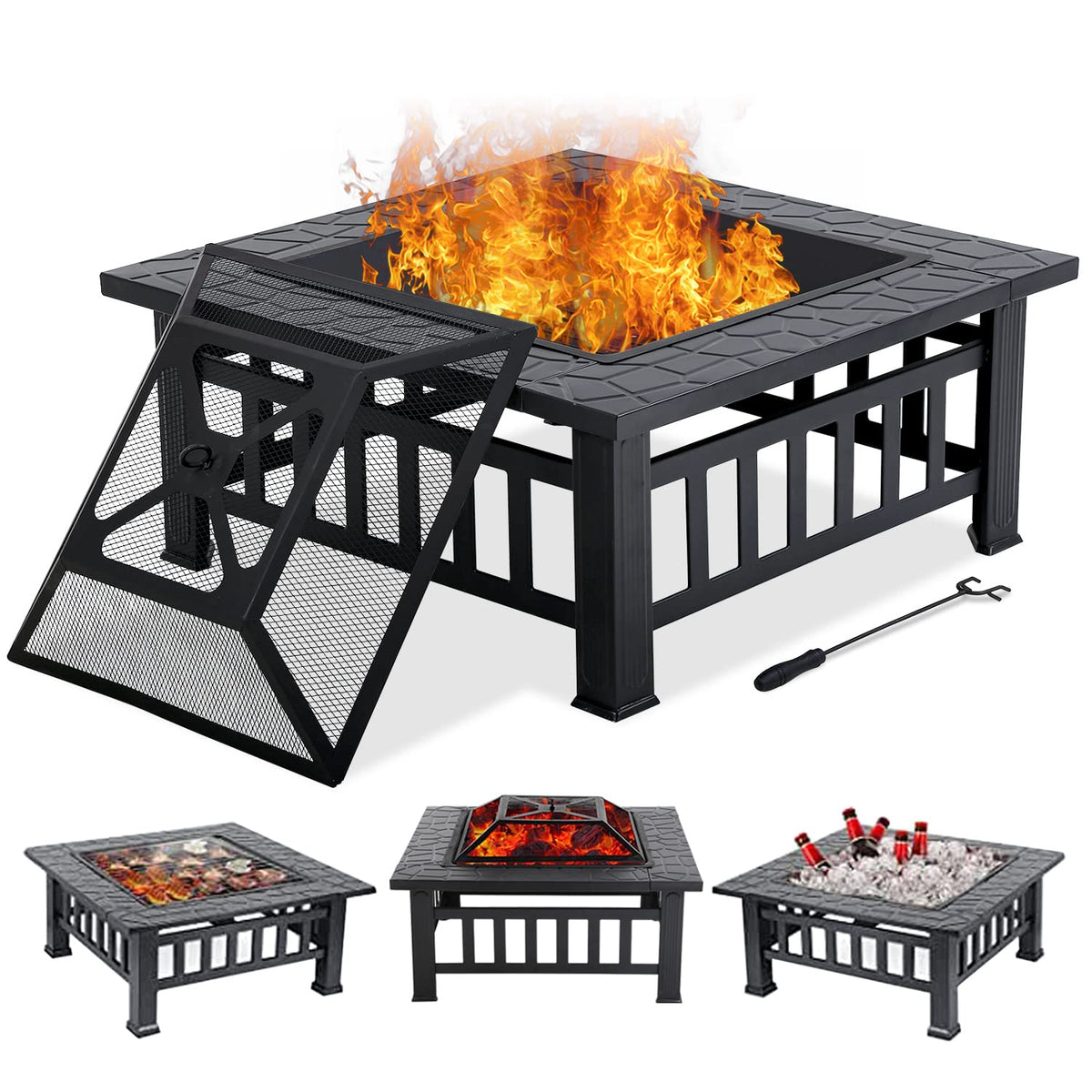 32" Square Wood Burning Fire Pit Table with Spark Screen A781469