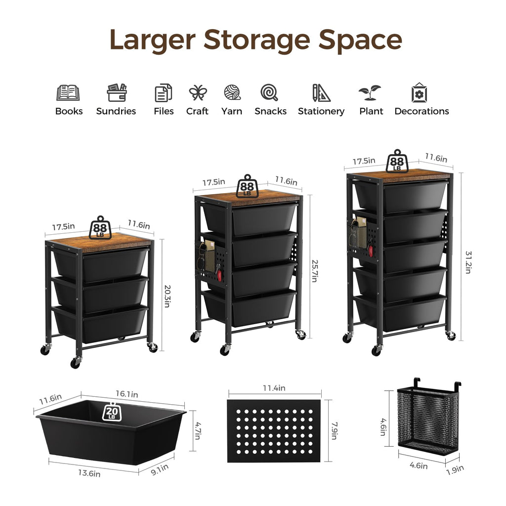 3 Drawer Rolling Cart with Lockable Wheels and Wooden Tabletop X179822