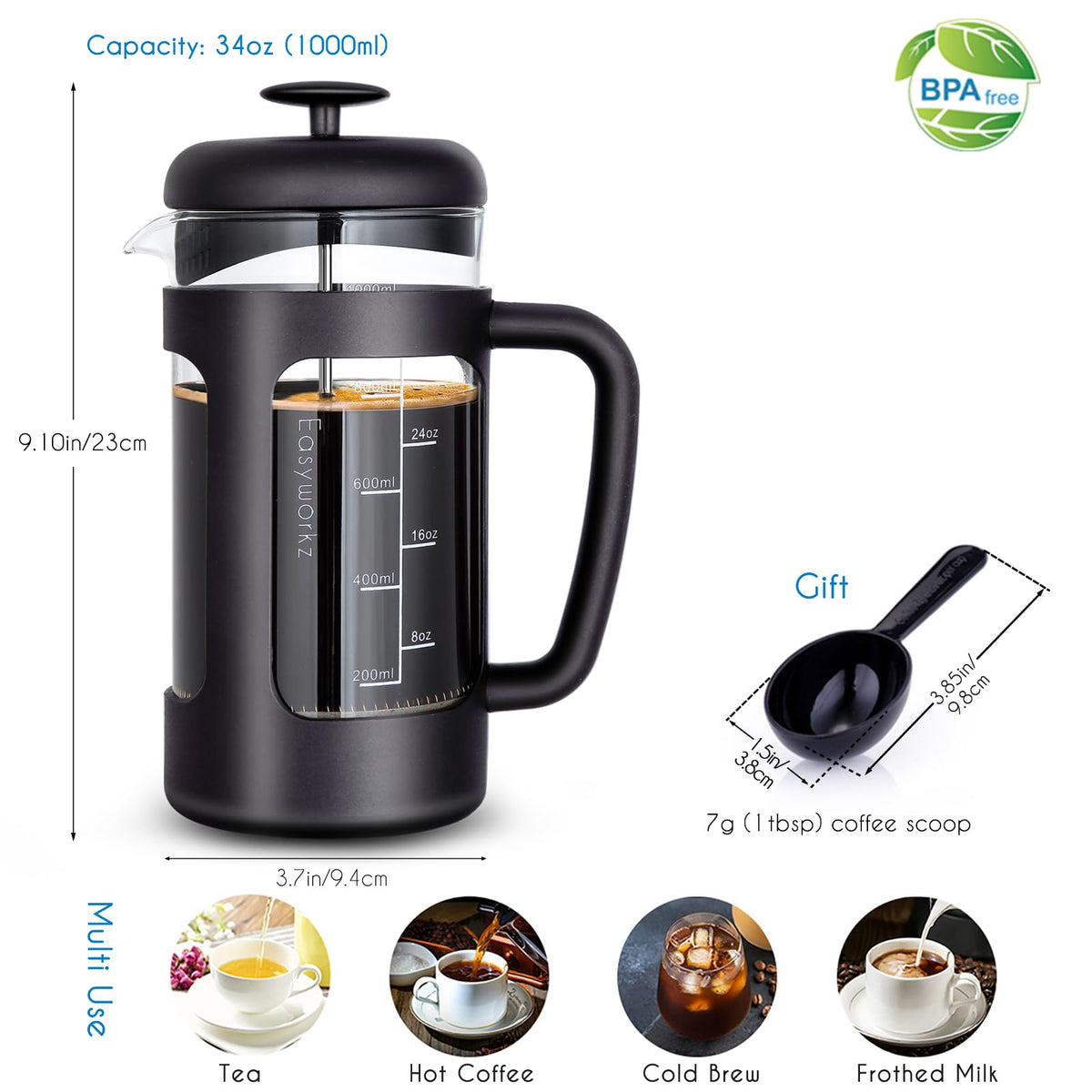 34 oz Stainless Steel French Press and Creamer Sugar Bowl Set A19890