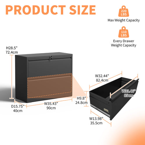 2 Drawer Black Metal File Cabinet with Lock N309187
