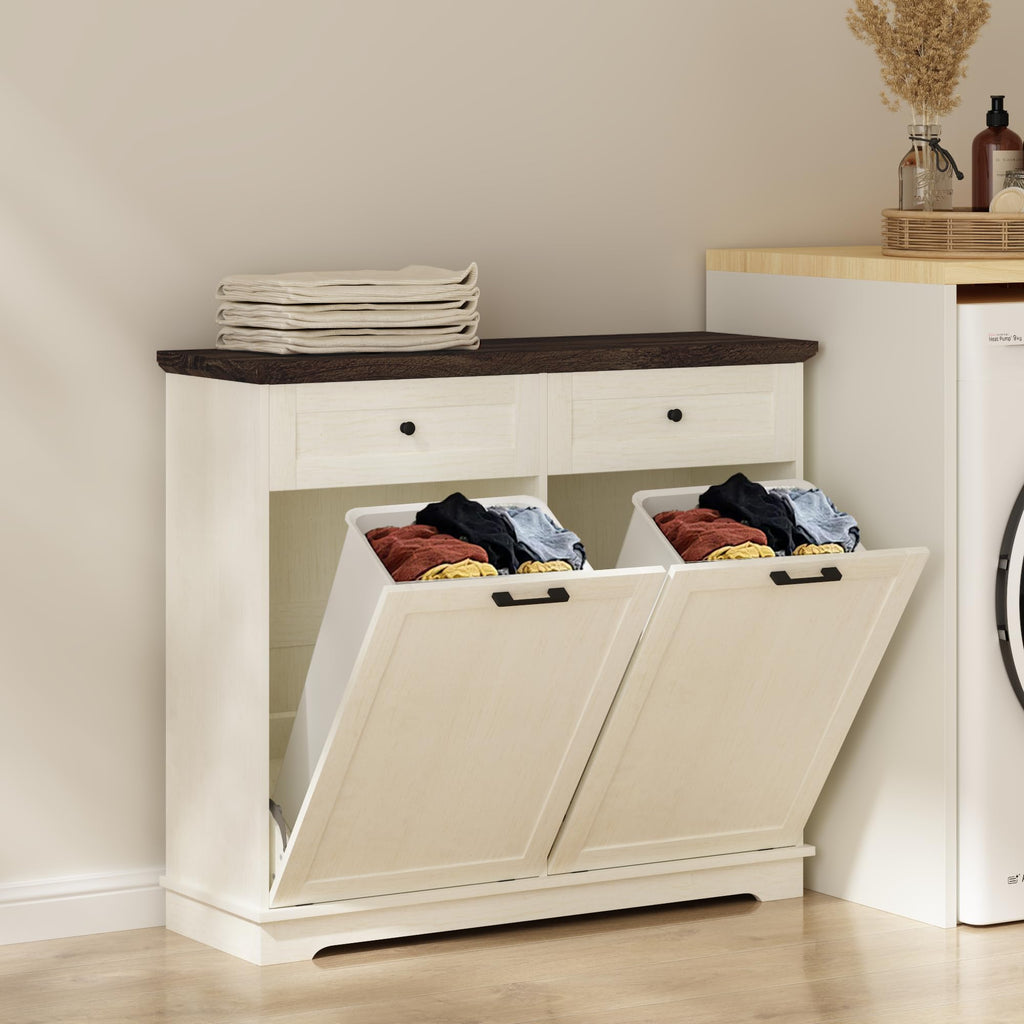 20 Gallon Double Tilt Out Wood Trash Can Cabinet with Drawer M400
