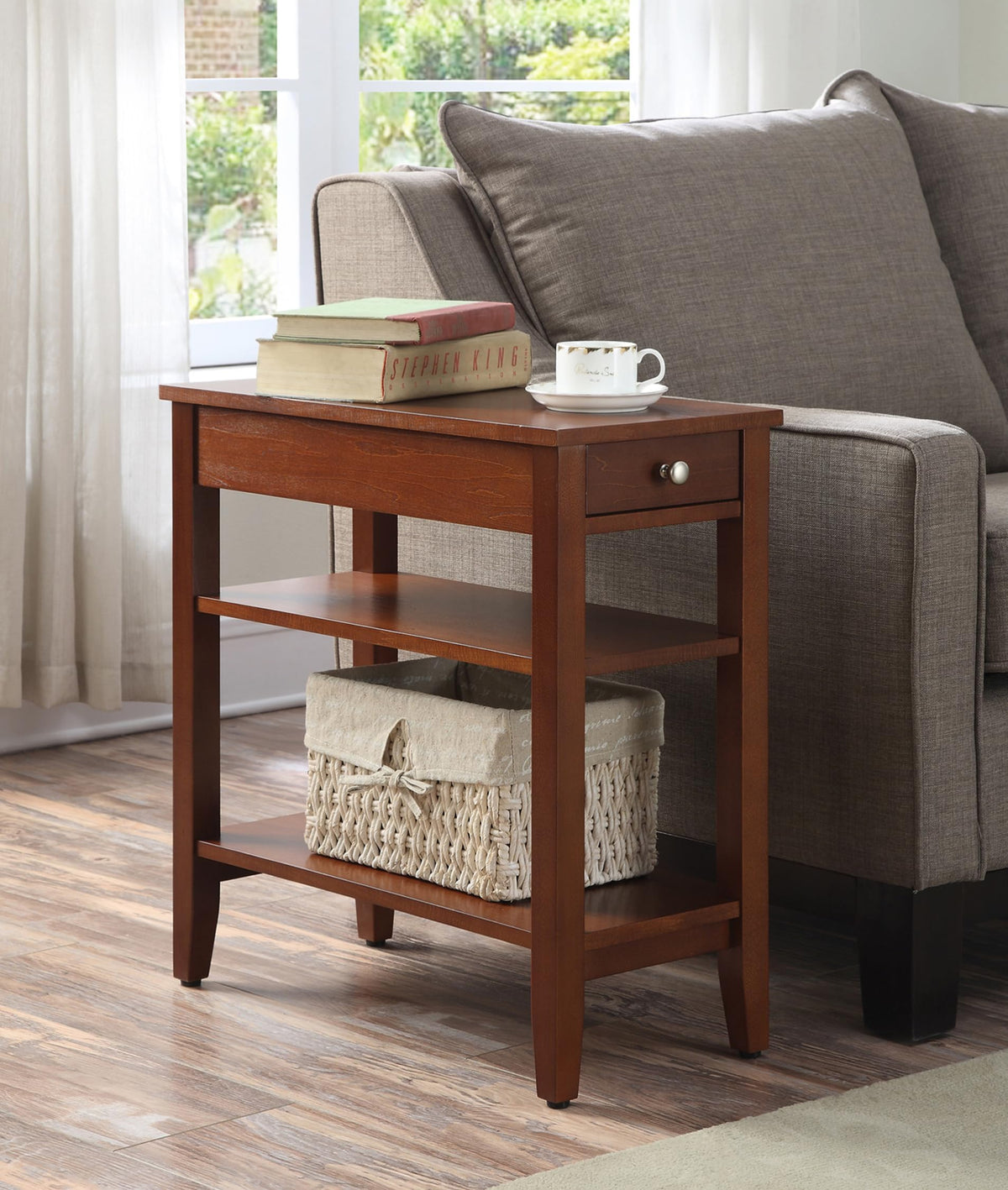 Cherry Chairside End Table with Storage Drawer & Shelves F774