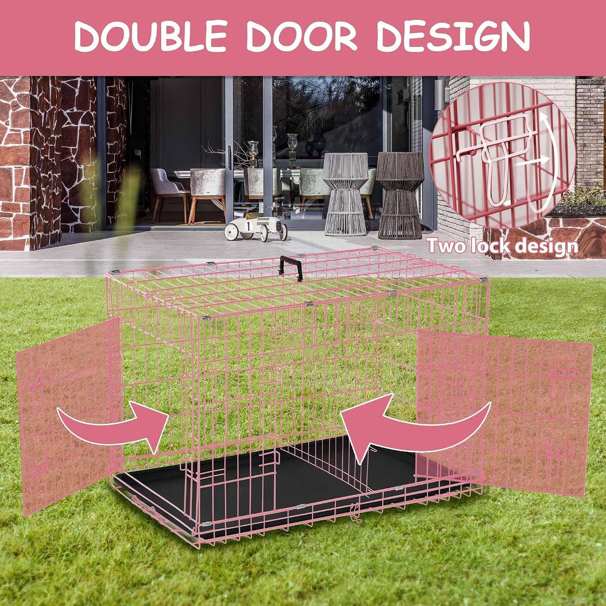 48 Inch Extra Large Foldable Double-Door Dog Crate with Tray B28582