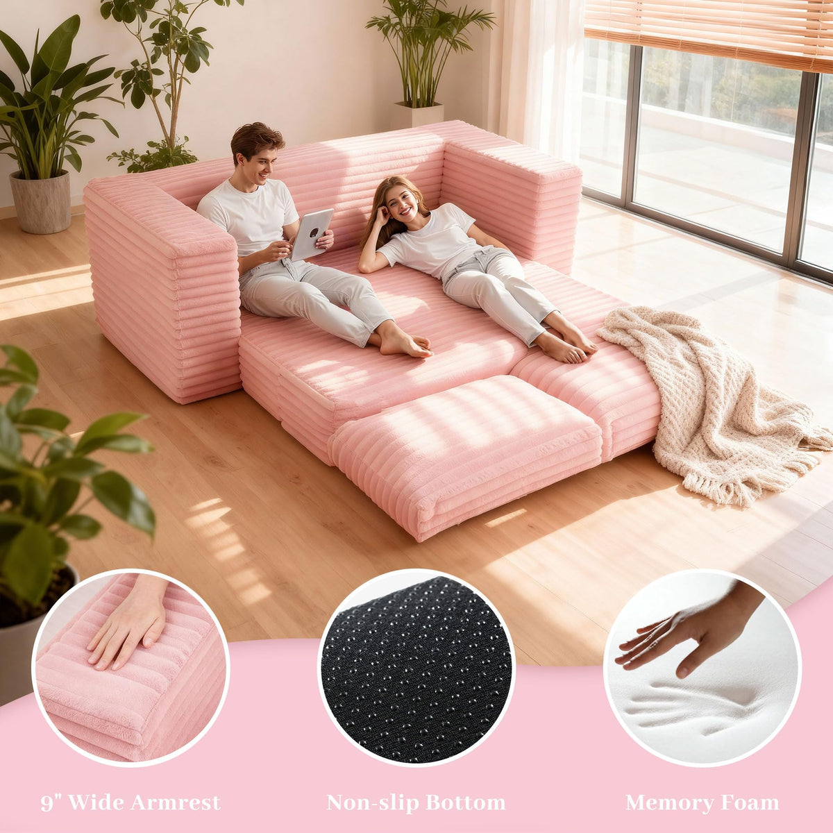 62" Pink Convertible Folding Sofa Bed I52755