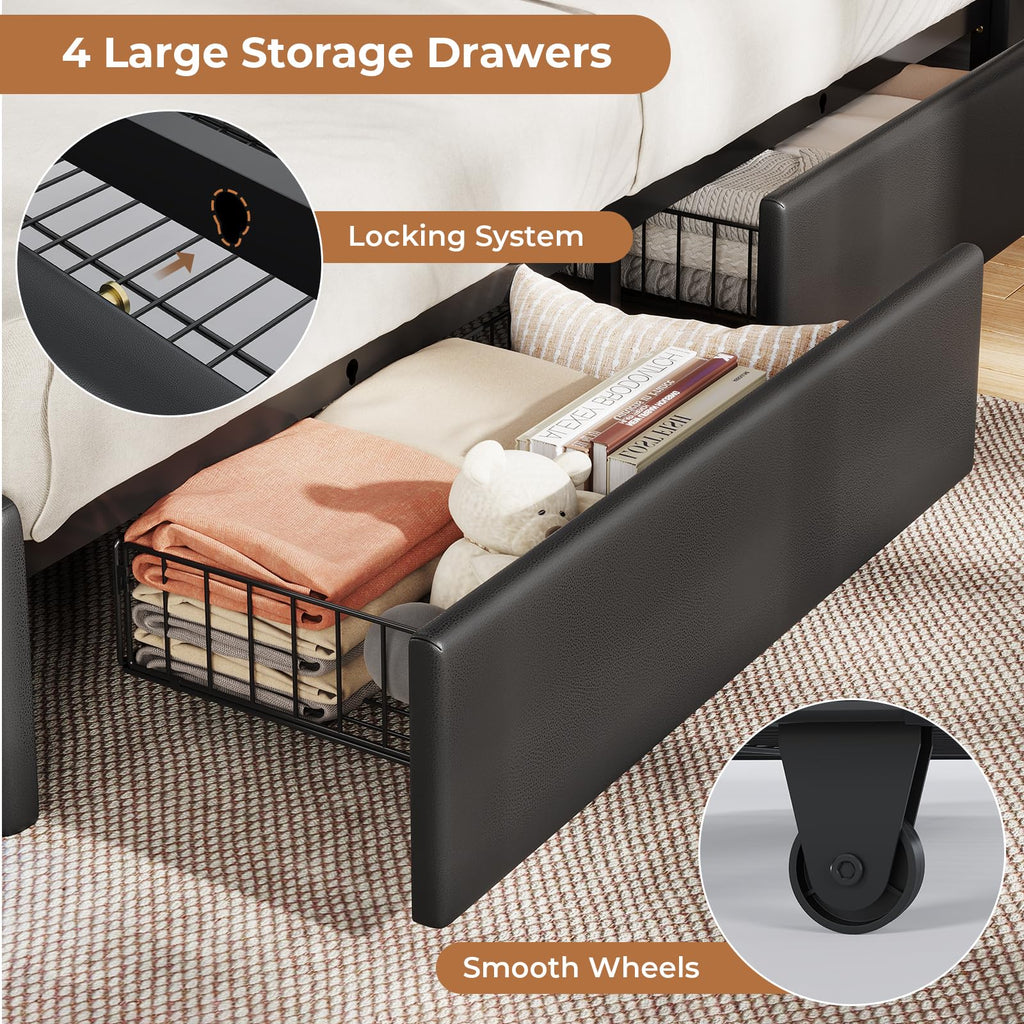 Black Full Size Upholstered Platform Bed Frame with Bookcase Headboard and 4 Drawers W603