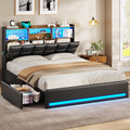 Black Full Size Upholstered Platform Bed Frame with Bookcase Headboard and 4 Drawers W603