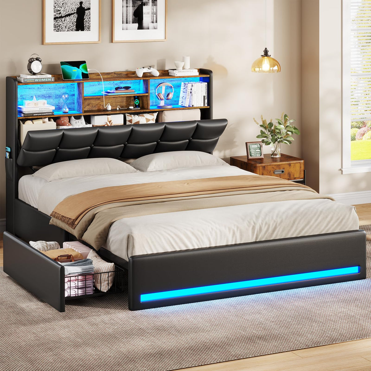 Black Full Size Upholstered Platform Bed Frame with Bookcase Headboard and 4 Drawers W603
