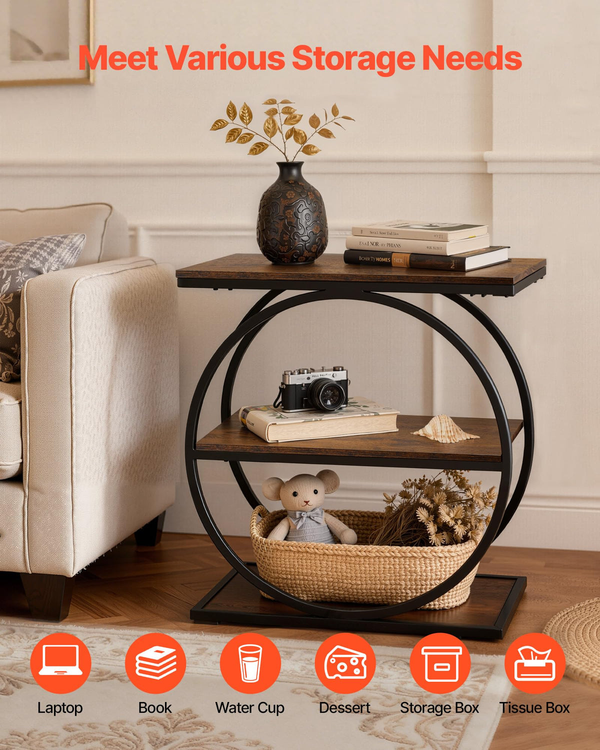 3-Tier Narrow Side Table with Open Storage Shelves N92703