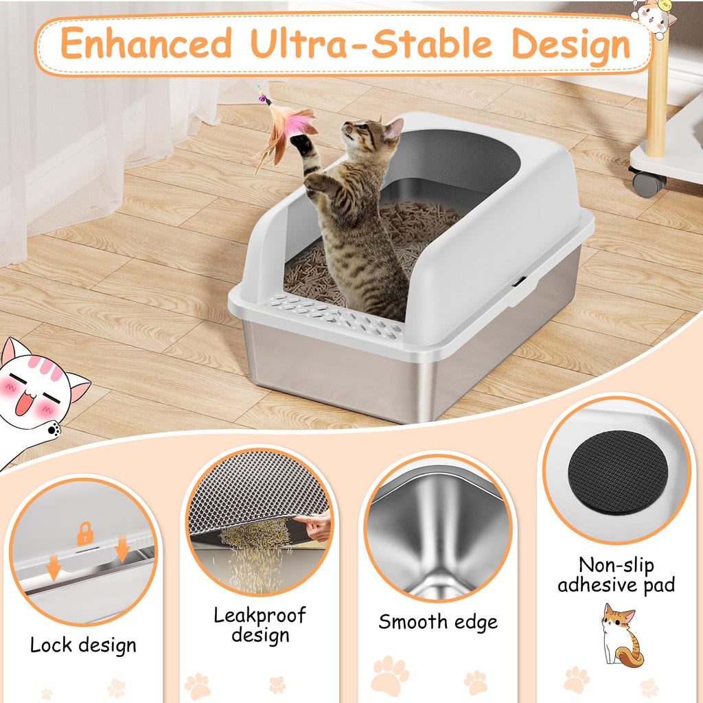 Stainless Steel Extra Large Enclosed Cat Litter Box with Lid and Mat I431