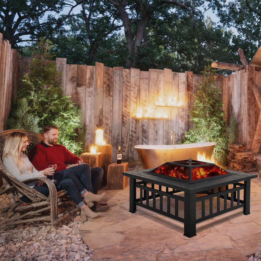 32" Square Wood Burning Fire Pit Table with Spark Screen A781469
