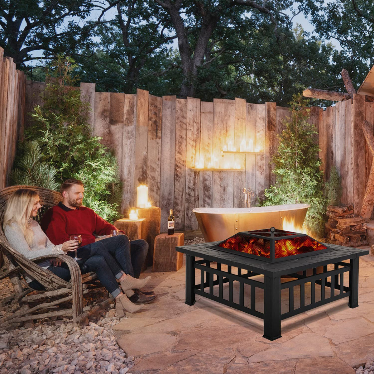 32" Square Wood Burning Fire Pit Table with Spark Screen A781469
