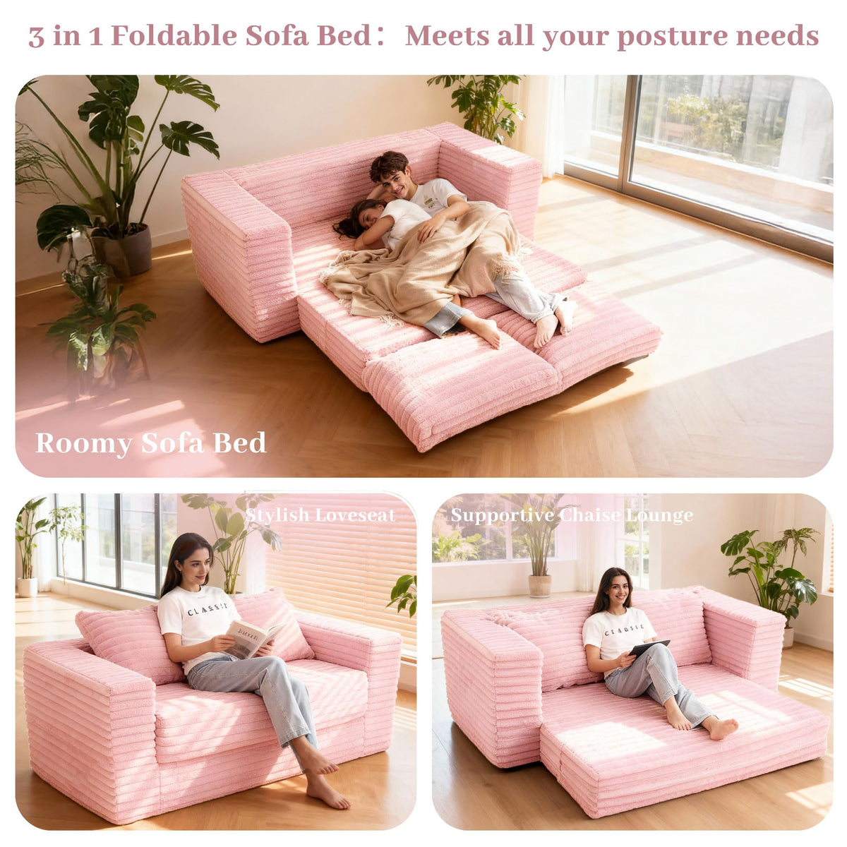 62" Pink Convertible Folding Sofa Bed I52755